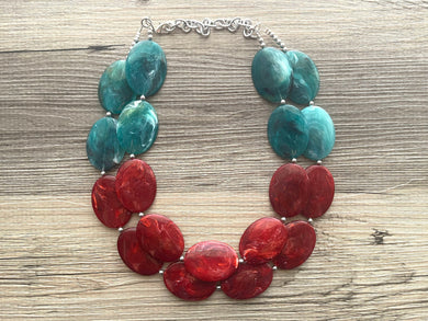 Red & Green Chunky Statement Necklace, Big beaded jewelry, multi strand Statement Necklace, chunky Christmas gift jewelry earrings