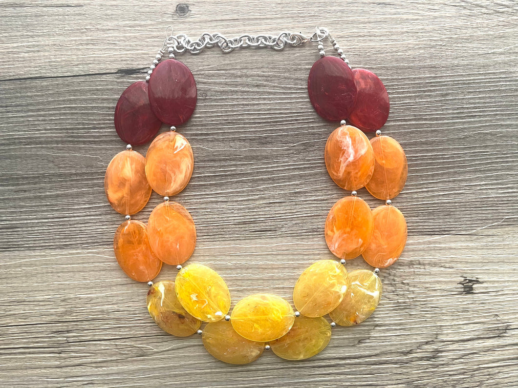 Yellow Orange Red Chunky Statement Necklace, Big beaded jewelry, multi strand Statement Necklace, red yellow jewelry earrings