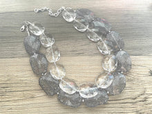 Load image into Gallery viewer, Clear &amp; Gray Necklace, multi strand jewelry, big beaded chunky statement necklace, clear necklace, bridesmaid necklace, gray necklace