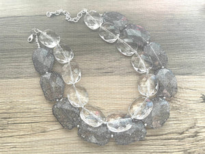 Clear & Gray Necklace, multi strand jewelry, big beaded chunky statement necklace, clear necklace, bridesmaid necklace, gray necklace