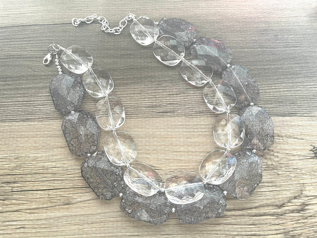 Clear & Gray Necklace, multi strand jewelry, big beaded chunky statement necklace, clear necklace, bridesmaid necklace, gray necklace