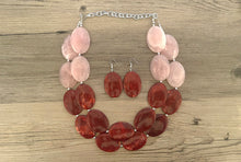 Load image into Gallery viewer, Pink &amp; Red Chunky Statement Necklace, Big beaded jewelry, multi strand Statement Necklace, chunky red and blush bib jewelry earrings