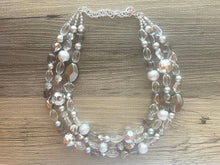 Load image into Gallery viewer, Silver and Clear statement necklace, lucite necklace, resin necklace, clear three strand chunky jewelry, silver Beaded Holiday Necklace