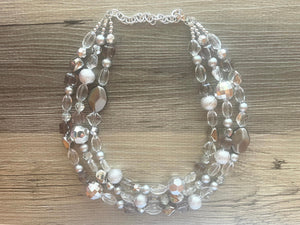 Silver and Clear statement necklace, lucite necklace, resin necklace, clear three strand chunky jewelry, silver Beaded Holiday Necklace