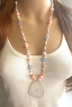 Load image into Gallery viewer, East Coast Chunky Long Statement Tassel Necklace, white crackle agate jewelry, beaded tassel necklace, long gold jewelry peach white