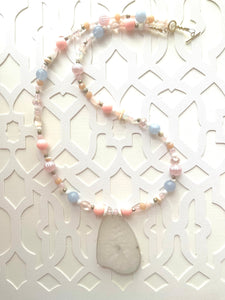 East Coast Chunky Long Statement Tassel Necklace, white crackle agate jewelry, beaded tassel necklace, long gold jewelry peach white