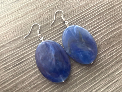 Dark Blue Oval Drop earrings, gold or silver geometric earrings pierced dangle drop Statement, bridesmaid earrings wedding gift