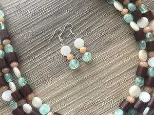 Mint Green Jungle Chunky Statement Necklace, green white beaded necklace, colorful jewelry multi strand necklace, bib chunky Statement