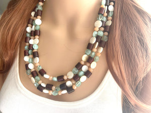 Mint Green Jungle Chunky Statement Necklace, green white beaded necklace, colorful jewelry multi strand necklace, bib chunky Statement