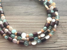 Load image into Gallery viewer, Mint Green Jungle Chunky Statement Necklace, green white beaded necklace, colorful jewelry multi strand necklace, bib chunky Statement