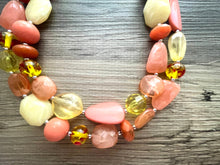 Load image into Gallery viewer, Morning Sun Statement Necklace, chunky bib beaded jewelry, neutral jewelry, coral orange yellow necklace, beaded acrylic jewelry