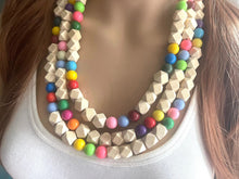 Load image into Gallery viewer, Triple Rainbow + Wood Beaded Necklace, Colorful Jewelry, Chunky statement necklace, big beaded necklace jewelry, birthday baby confetti