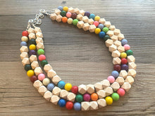 Load image into Gallery viewer, Triple Rainbow + Wood Beaded Necklace, Colorful Jewelry, Chunky statement necklace, big beaded necklace jewelry, birthday baby confetti