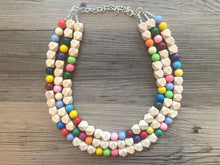 Load image into Gallery viewer, Triple Rainbow + Wood Beaded Necklace, Colorful Jewelry, Chunky statement necklace, big beaded necklace jewelry, birthday baby confetti