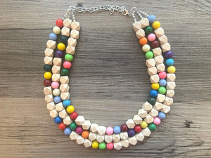 Triple Rainbow + Wood Beaded Necklace, Colorful Jewelry, Chunky statement necklace, big beaded necklace jewelry, birthday baby confetti