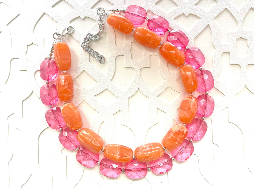 Dark Pink & Creamsicle Orange Necklace, multi strand jewelry, big beaded chunky statement necklace, pink necklace, bridesmaid necklace