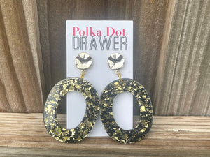 Gold Confetti Metal statement earrings, Geometric bead Statement acetate black jewelry gold necklace chunky drop hook earrings