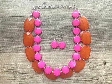 Pink & Orange Necklace, multi strand jewelry, big beaded chunky statement necklace, pink necklace, bridesmaid necklace, orange necklace