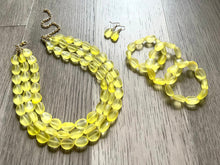 Load image into Gallery viewer, Sunshine Yellow Chunky Statement Necklace &amp;  earring Stretch Bracelet set  Beaded Jewelry, Yellow jewelry, bridesmaid gold jelly bean