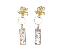 Load image into Gallery viewer, Confetti Glitter &amp; Gold Resin earrings, rectangle earrings, flower gold geometric earrings pierced dangle drop Statement
