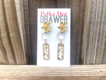 Load image into Gallery viewer, Confetti Glitter &amp; Gold Resin earrings, rectangle earrings, flower gold geometric earrings pierced dangle drop Statement