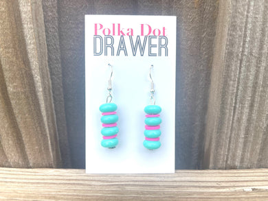 Pink & Green Donut Acrylic drop Earrings, silver hook drop Earrings, mint hot pink jewelry earrings metal geometric, Summer sale earrings