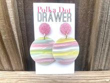 Load image into Gallery viewer, Pink Glitter + Rainbow Mosaic Wave Earrings, Silver drop Earrings, shiny jewelry earrings metal geometric pink, vacation earrings statement