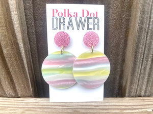 Pink Glitter + Rainbow Mosaic Wave Earrings, Silver drop Earrings, shiny jewelry earrings metal geometric pink, vacation earrings statement