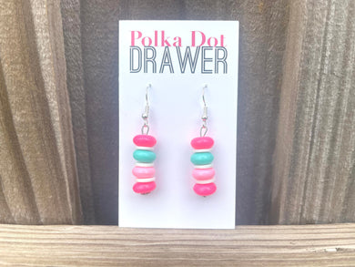 Pink & Green Donut Acrylic drop Earrings, silver hook drop Earrings, mint hot pink jewelry earrings metal geometric, Summer sale earrings