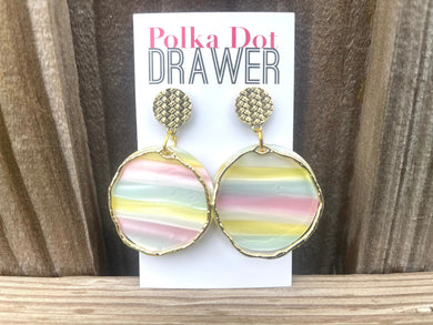Gold Woven + Rainbow Mosaic Wave Earrings, Gold drop Earrings, shiny jewelry earrings metal geometric pink, vacation earrings statement