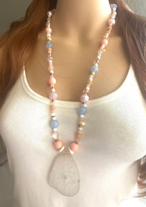 East Coast Chunky Long Statement Tassel Necklace, white crackle agate jewelry, beaded tassel necklace, long gold jewelry peach white