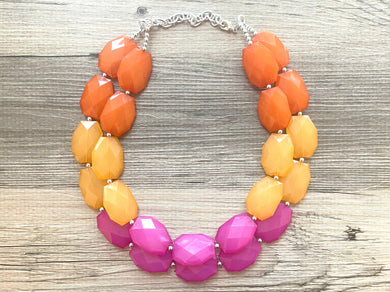 Summer Nights Pink & Orange Necklace, Double strand bright jewelry, big beaded chunky statement, summer necklace, colorblock necklace