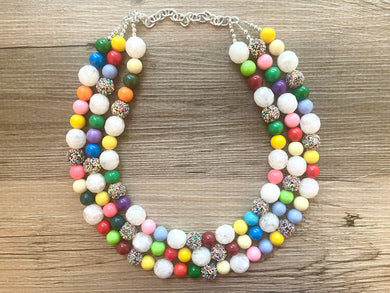 Triple Rainbow Beaded Necklace, Colorful Jewelry, Chunky statement necklace, big beaded necklace, rainbow jewelry, birthday baby confetti