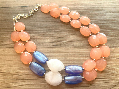 Coral & Blue Beaded Necklace, Colorful Jewelry, Chunky statement necklace, big beaded necklace, peach galaxy blue white bead