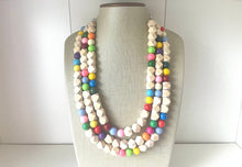 Load image into Gallery viewer, Triple Rainbow + Wood Beaded Necklace, Colorful Jewelry, Chunky statement necklace, big beaded necklace jewelry, birthday baby confetti