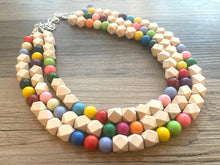 Load image into Gallery viewer, Triple Rainbow + Wood Beaded Necklace, Colorful Jewelry, Chunky statement necklace, big beaded necklace jewelry, birthday baby confetti