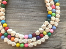 Load image into Gallery viewer, Triple Rainbow + Wood Beaded Necklace, Colorful Jewelry, Chunky statement necklace, big beaded necklace jewelry, birthday baby confetti