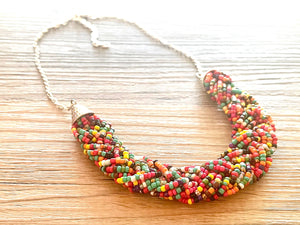 Beaded Braided Rainbow Statement Necklace, Everyday bib Colorful Seed Bead, Silver Chain Bridesmaid Wedding jewelry