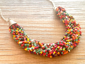 Beaded Braided Rainbow Statement Necklace, Everyday bib Colorful Seed Bead, Silver Chain Bridesmaid Wedding jewelry