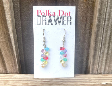 Rainbow Glass drop Earrings, colorful teardrop Earrings, shiny silver jewelry earrings metal geometric, beaded dangle earrings