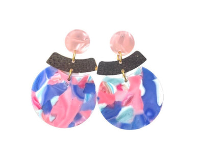 Pink & Blue Acrylic drop Earrings, blue gold drop Earrings, shiny gold jewelry earrings metal geometric, laser cut acetate mosaic