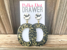 Load image into Gallery viewer, Gold Confetti Metal statement earrings, Geometric bead Statement acetate black jewelry gold necklace chunky drop hook earrings