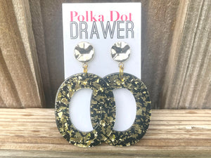 Gold Confetti Metal statement earrings, Geometric bead Statement acetate black jewelry gold necklace chunky drop hook earrings