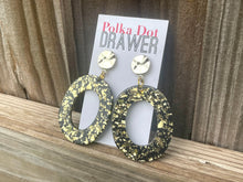 Load image into Gallery viewer, Gold Confetti Metal statement earrings, Geometric bead Statement acetate black jewelry gold necklace chunky drop hook earrings