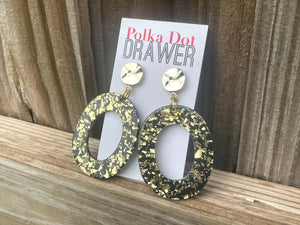 Gold Confetti Metal statement earrings, Geometric bead Statement acetate black jewelry gold necklace chunky drop hook earrings