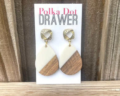 Cream + Wood Grain & Gold Knot Teardrop Earrings, gold drop Earrings, shiny gold jewelry earrings metal geometric brown off white
