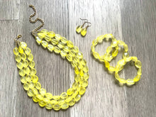 Load image into Gallery viewer, Sunshine Yellow Chunky Statement Necklace &amp;  earring Stretch Bracelet set  Beaded Jewelry, Yellow jewelry, bridesmaid gold jelly bean