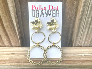 Gold Drop Flower Earrings, Statement pierced Jewelry, dangle Drop earrings, geometric earrings, gold circle floral everyday earrings