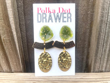Load image into Gallery viewer, Shiny Gold &amp; Olive Green Statement Earrings, gold drop Metal Filigree Earrings, filigree jewelry, metallic jewelry earrings, metal geometric