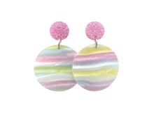 Load image into Gallery viewer, Pink Glitter + Rainbow Mosaic Wave Earrings, Silver drop Earrings, shiny jewelry earrings metal geometric pink, vacation earrings statement